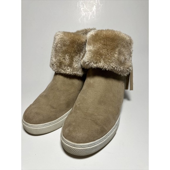 Sofft Tan Faux Suede Fur Trim‎ Wedge Ankle Booties Fashion Comfort Shoes - Picture 1 of 12